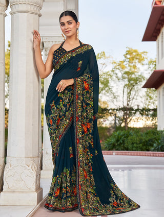 Monjolika Fashion Navy Blue Printed Georgette Contemporary Saree