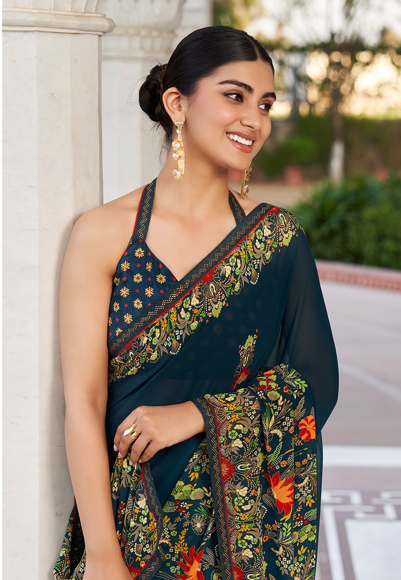 Monjolika Fashion Navy Blue Printed Georgette Contemporary Saree