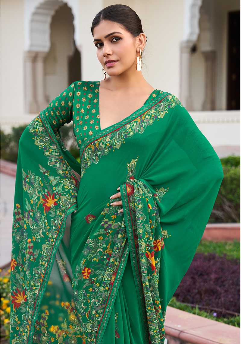 Monjolika Fashion Green Printed Georgette Contemporary Saree