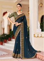 Thumbnail for Monjolika Fashion Navy Blue Georgette Printed Festival Desginer Trendy Saree - Distacart
