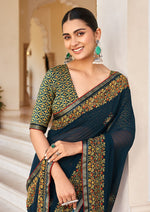 Thumbnail for Monjolika Fashion Navy Blue Georgette Printed Festival Desginer Trendy Saree - Distacart