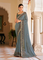 Thumbnail for Monjolika Fashion Grey Georgette Printed Festival Desginer Trendy Saree - Distacart