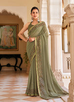 Thumbnail for Monjolika Fashion Sage Green Georgette Printed Festival Desginer Trendy Saree - Distacart