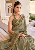 Thumbnail for Monjolika Fashion Sage Green Georgette Printed Festival Desginer Trendy Saree - Distacart