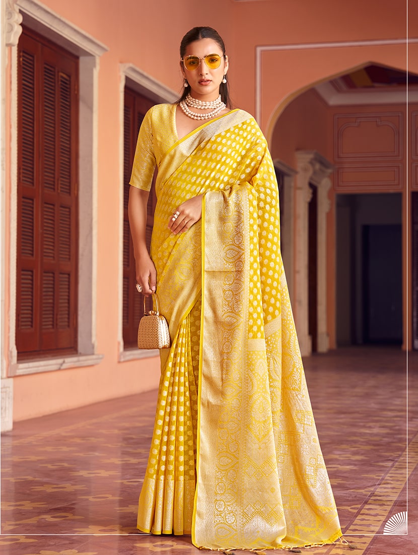 Monjolika Fashion Yellow Weaving Georgette Party Contemporary Saree