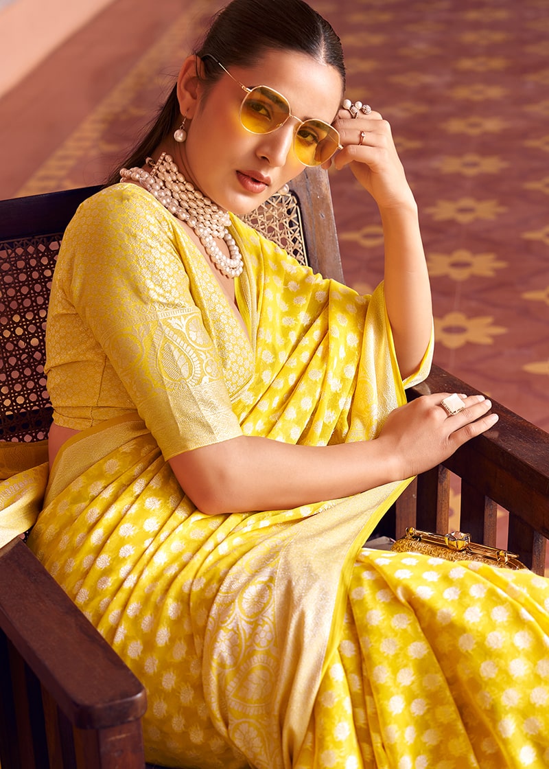 Monjolika Fashion Yellow Weaving Georgette Party Contemporary Saree