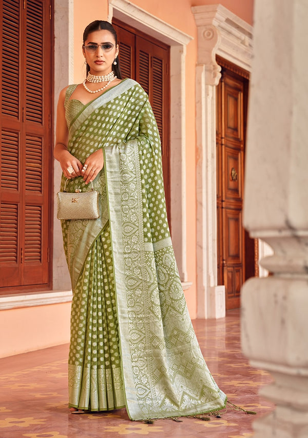 Monjolika Fashion Olive Green Weaving Georgette Party Contemporary Saree