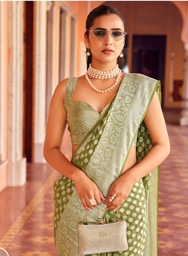 Monjolika Fashion Olive Green Weaving Georgette Party Contemporary Saree