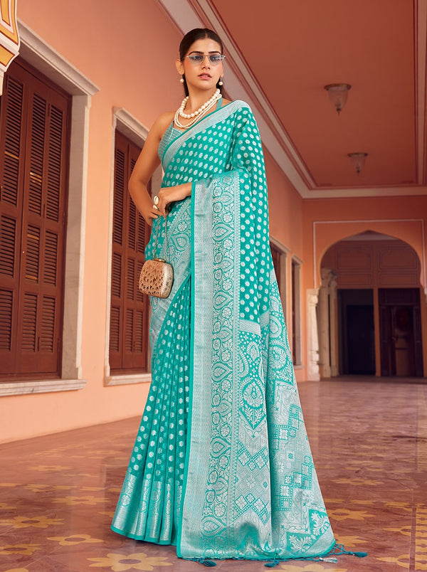 Monjolika Fashion Turquoise Weaving Georgette Party Contemporary Saree