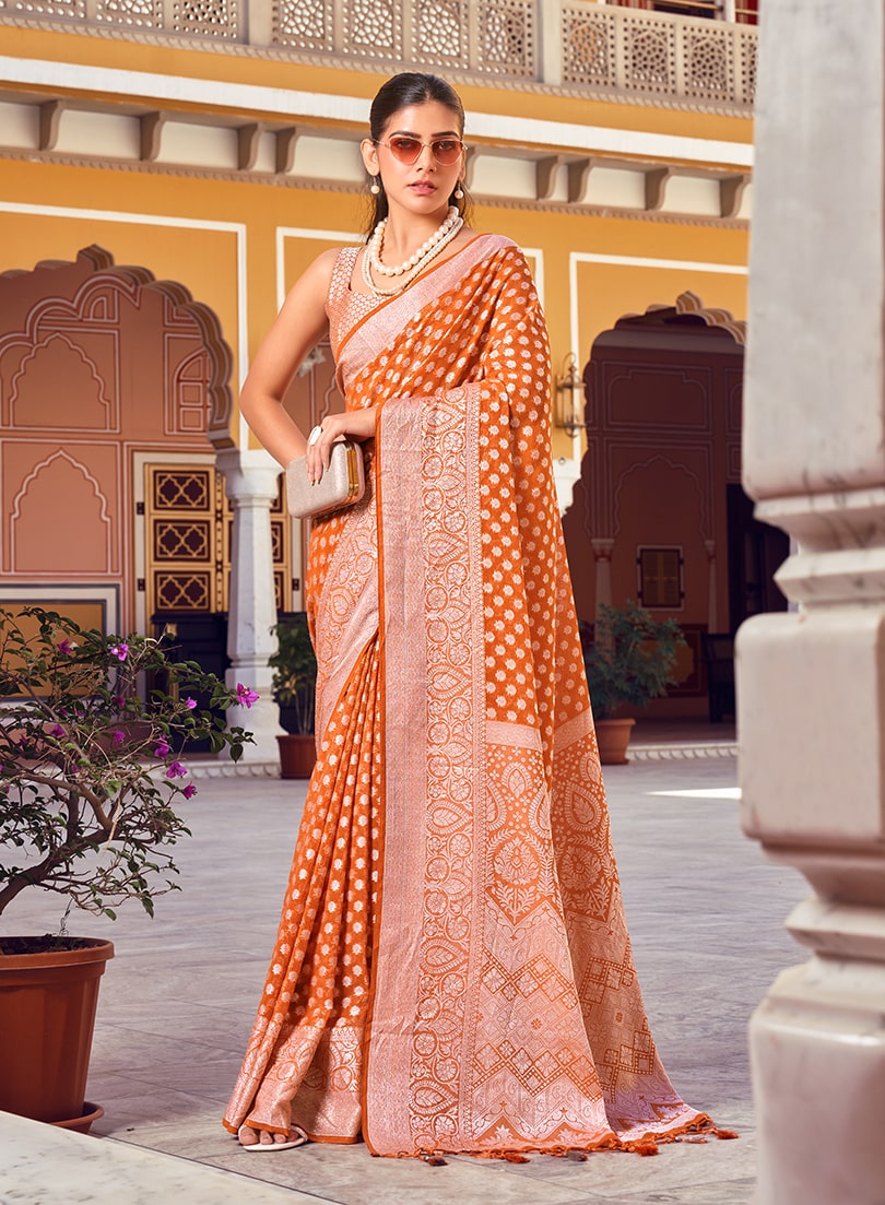 Monjolika Fashion Orange And Rust Weaving Georgette Party Contemporary Saree