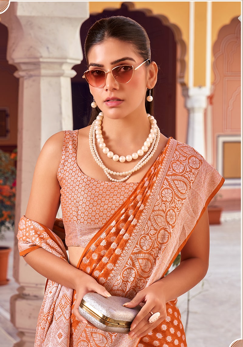 Monjolika Fashion Orange And Rust Weaving Georgette Party Contemporary Saree