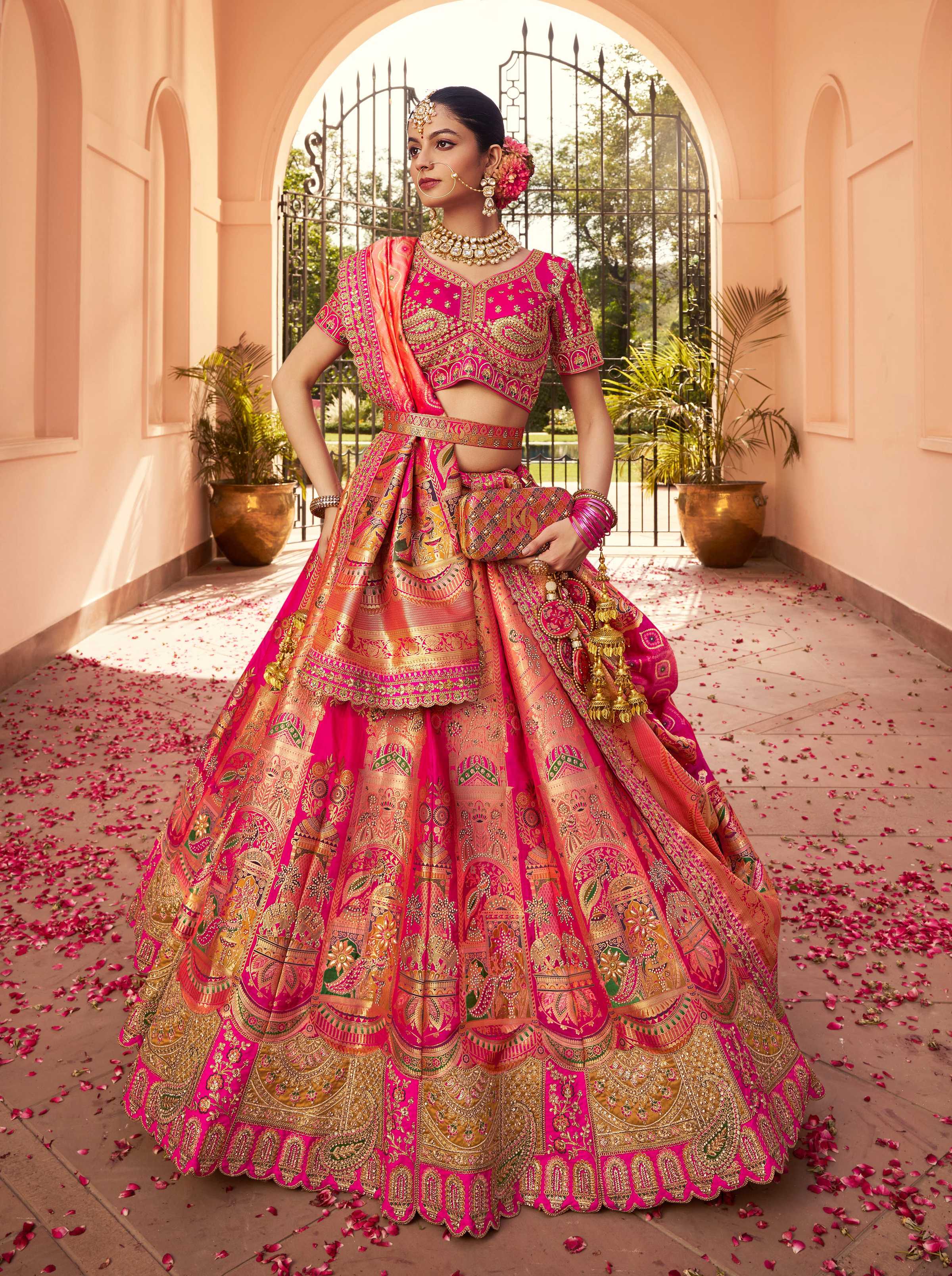 Monjolika Fashion Rani Pink Banarasi Silk Diamond Wedding Trendy Lehenga Choli