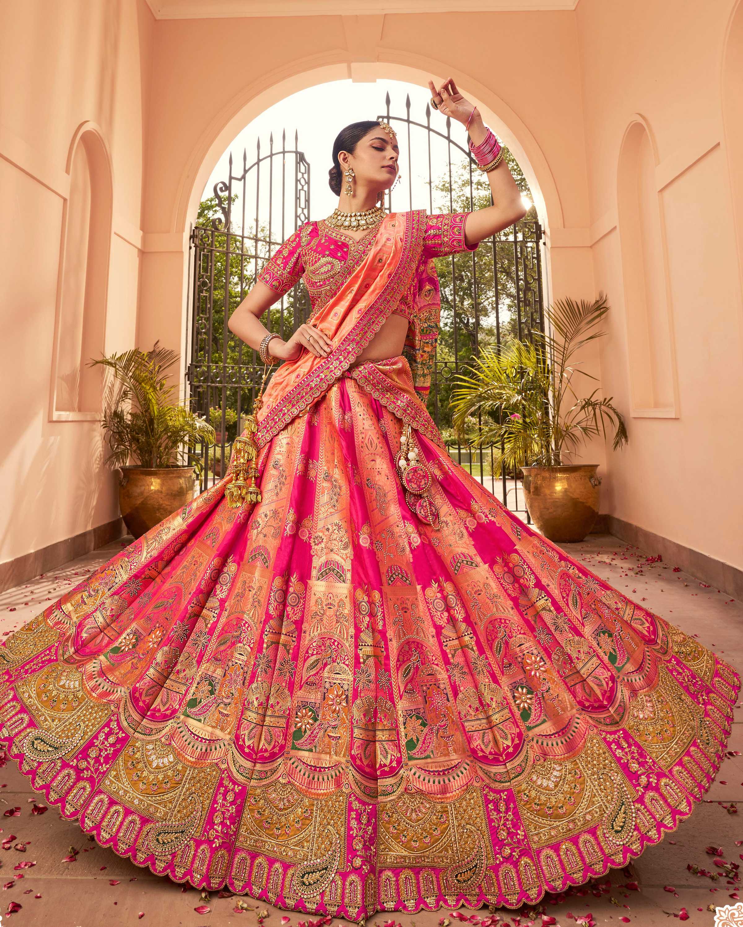 Monjolika Fashion Rani Pink Banarasi Silk Diamond Wedding Trendy Lehenga Choli