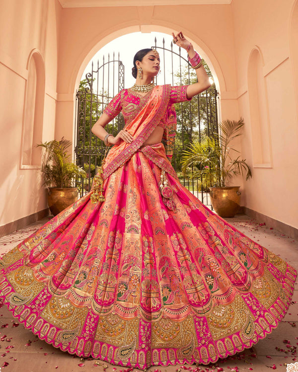 Monjolika Fashion Rani Pink Banarasi Silk Diamond Wedding Trendy Lehenga Choli