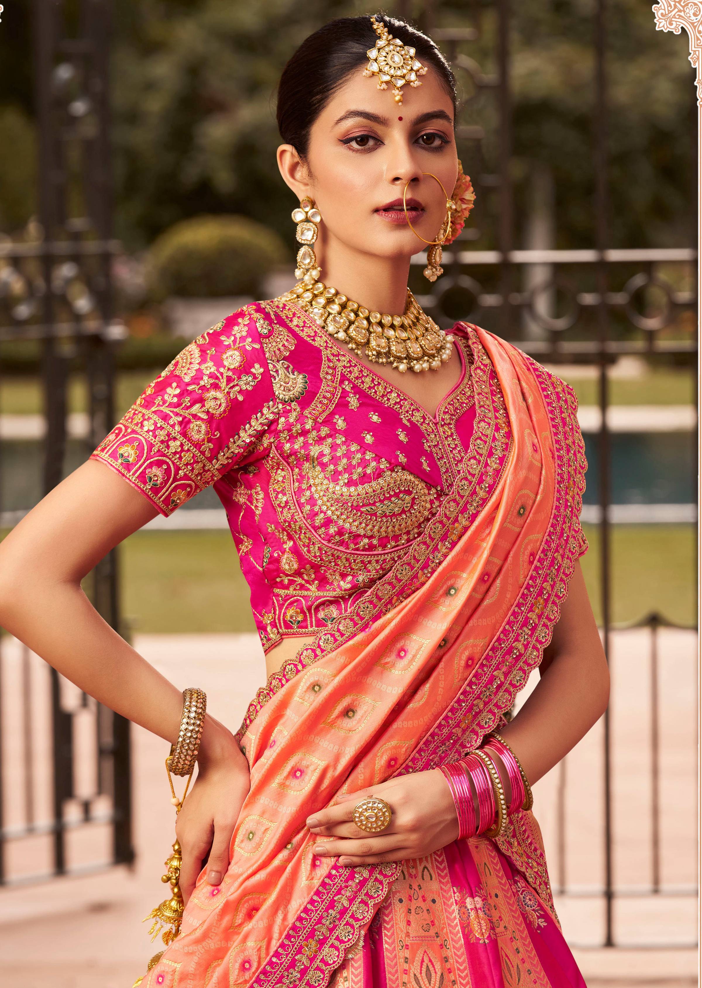 Monjolika Fashion Rani Pink Banarasi Silk Diamond Wedding Trendy Lehenga Choli