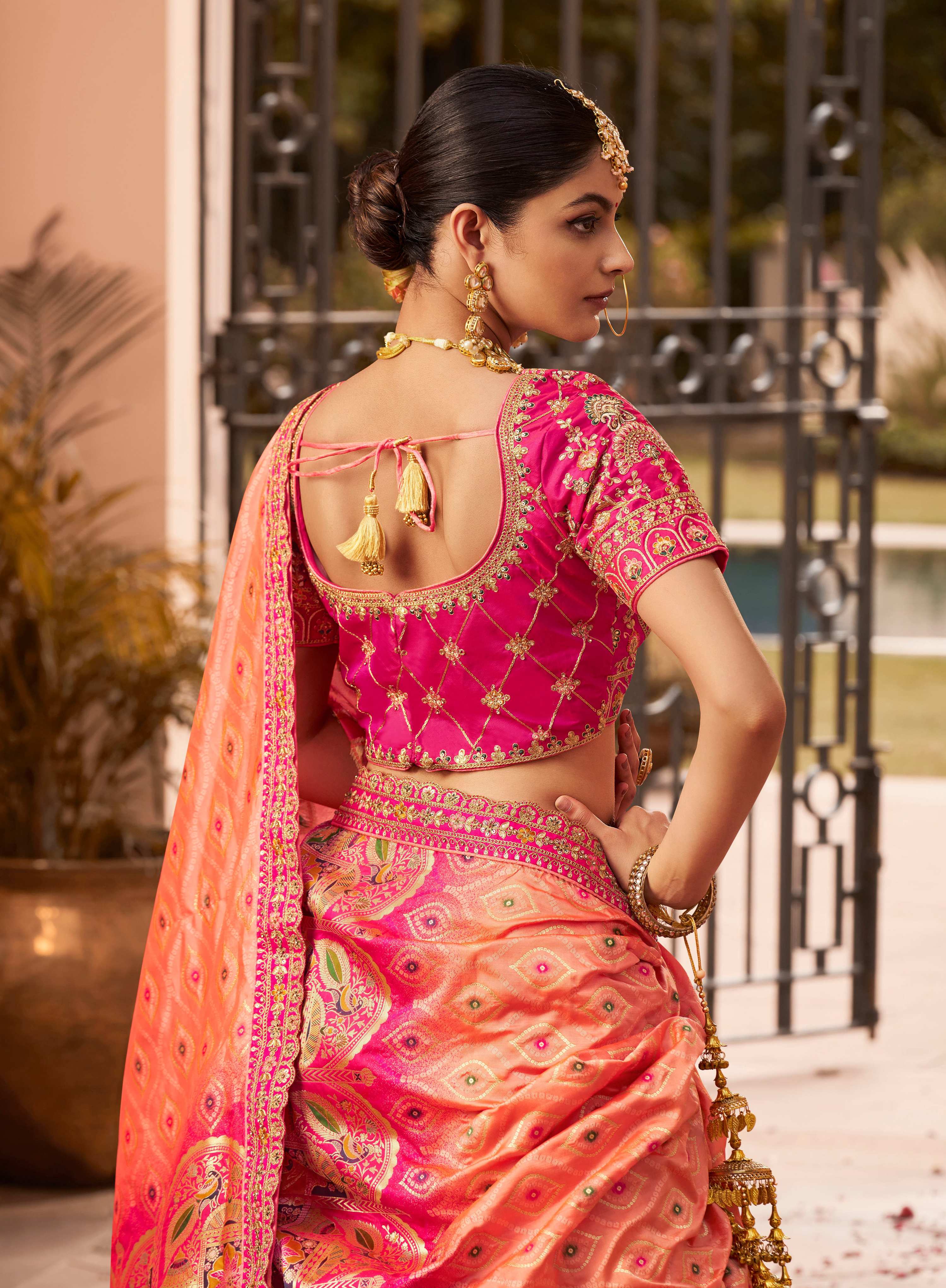 Monjolika Fashion Rani Pink Banarasi Silk Diamond Wedding Trendy Lehenga Choli