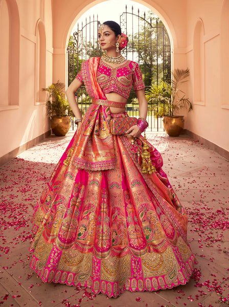 Monjolika Fashion Rani Pink Banarasi Silk Diamond Wedding Trendy Lehenga Choli