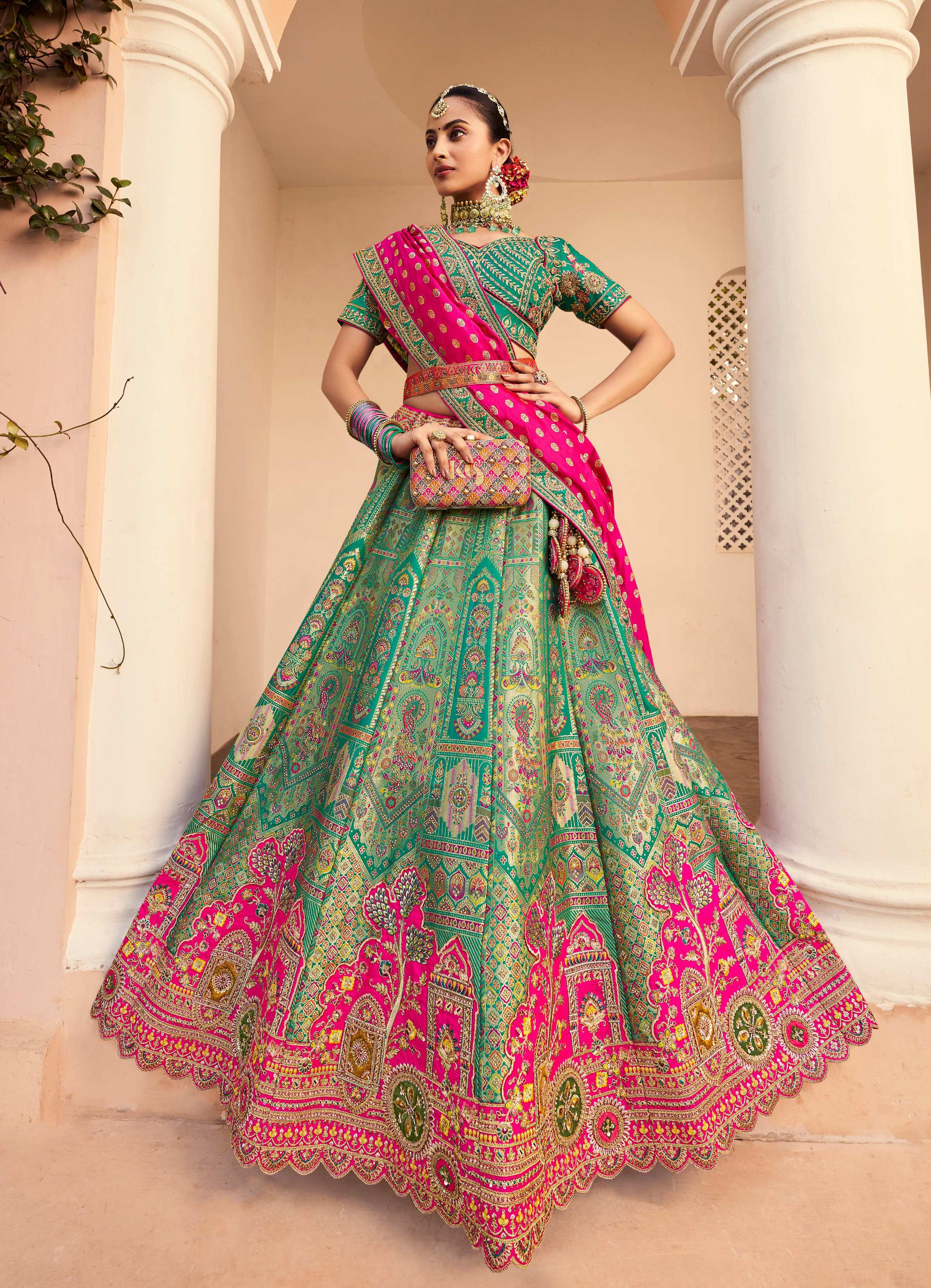 Monjolika Fashion Turquoise Banarasi Silk Diamond Wedding Trendy Lehenga Choli