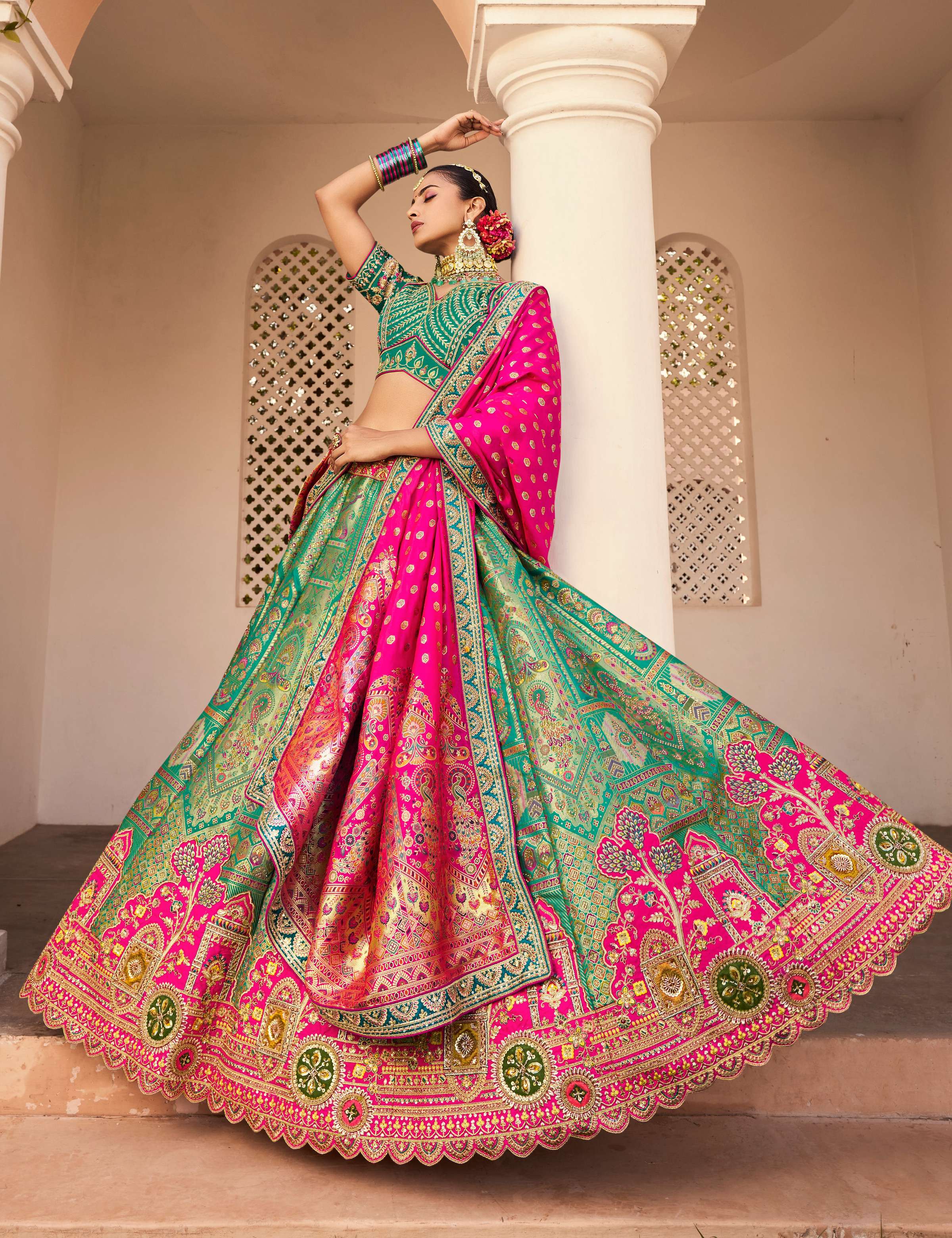 Monjolika Fashion Turquoise Banarasi Silk Diamond Wedding Trendy Lehenga Choli