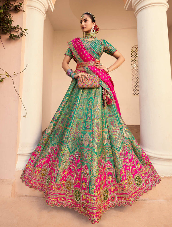 Monjolika Fashion Turquoise Banarasi Silk Diamond Wedding Trendy Lehenga Choli
