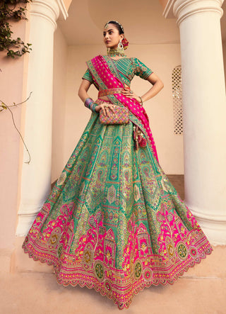 Monjolika Fashion Turquoise Banarasi Silk Diamond Wedding Trendy Lehenga Choli