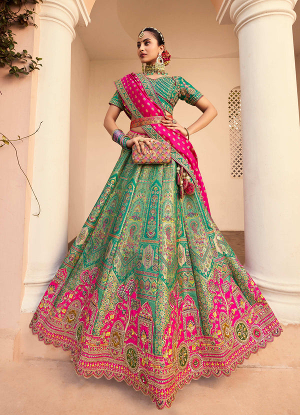 Monjolika Fashion Turquoise Banarasi Silk Diamond Wedding Trendy Lehenga Choli