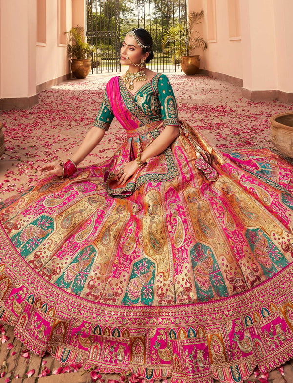 Monjolika Fashion Multi Colour Banarasi Silk Diamond Wedding Trendy Lehenga Choli
