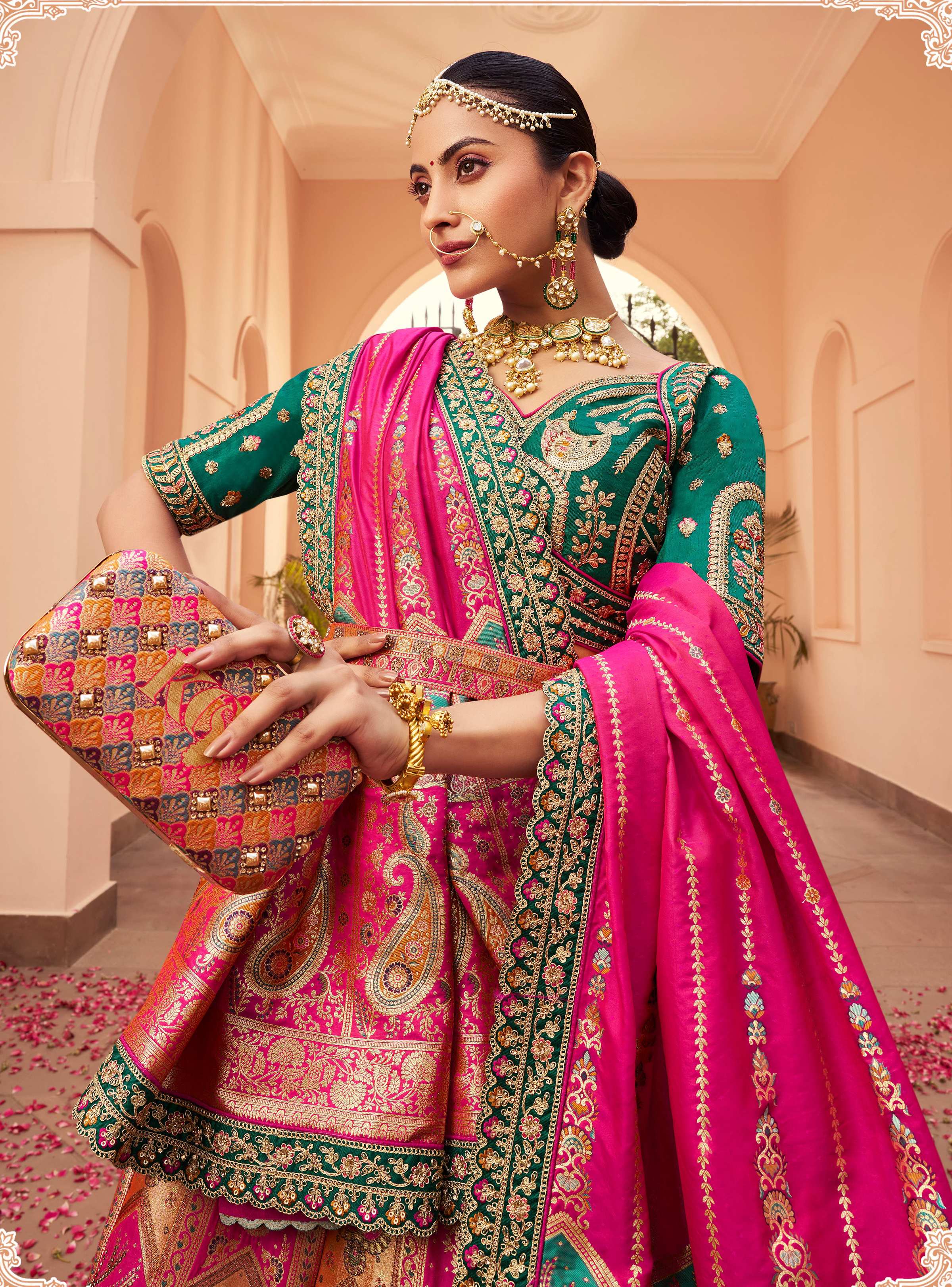 Monjolika Fashion Multi Colour Banarasi Silk Diamond Wedding Trendy Lehenga Choli