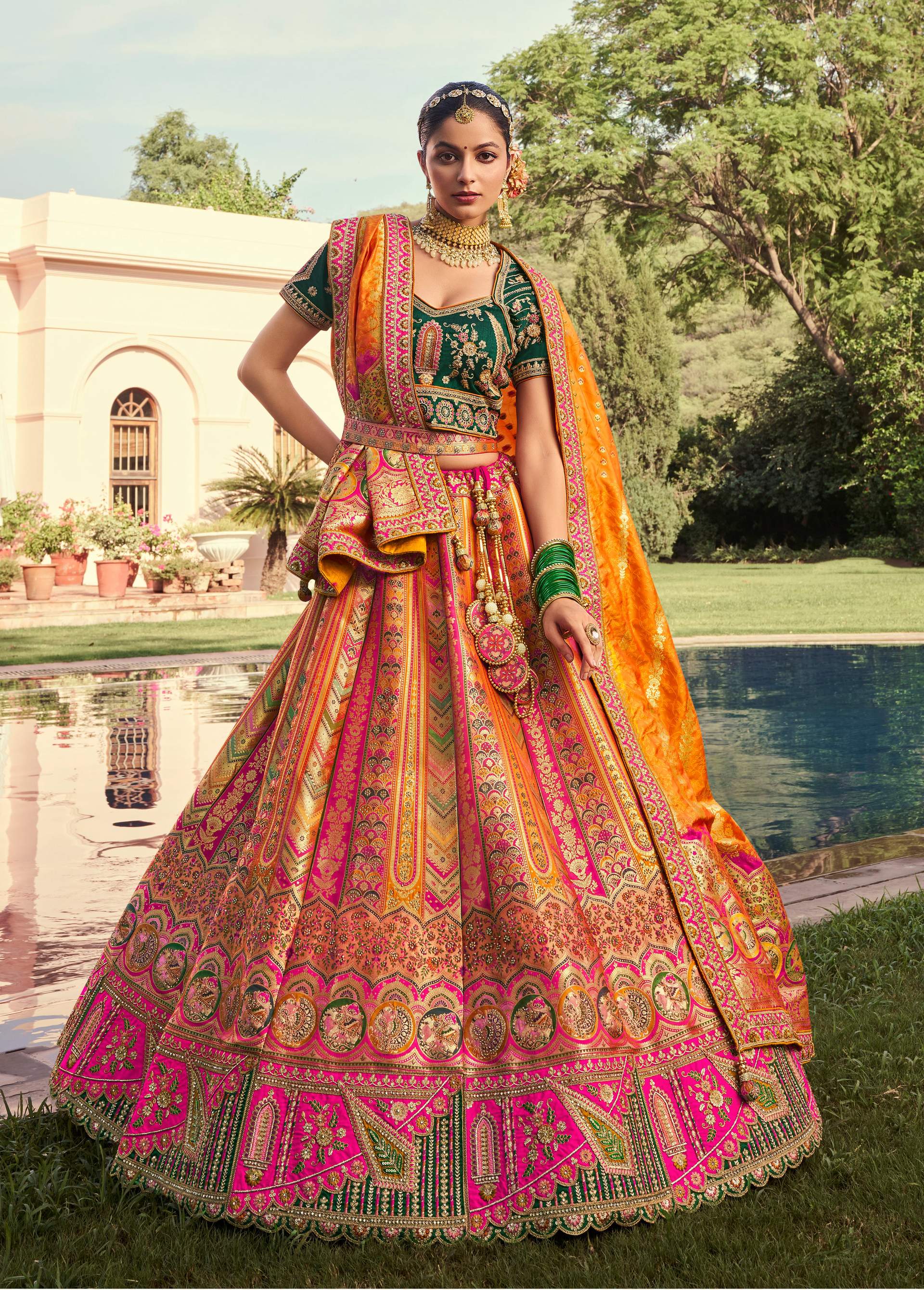 Monjolika Fashion Multi Colour Banarasi Silk Diamond Wedding Trendy Lehenga Choli