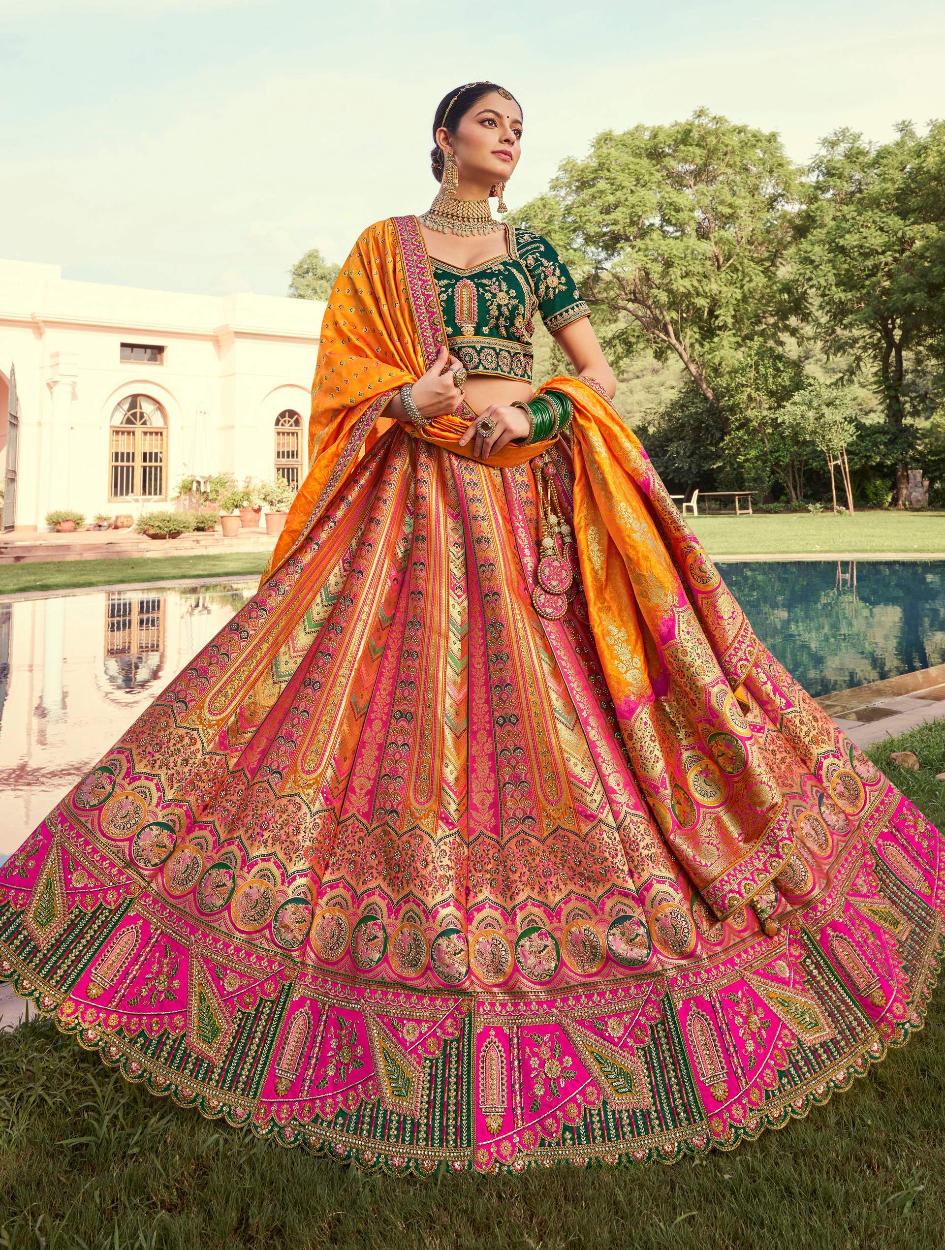 Monjolika Fashion Multi Colour Banarasi Silk Diamond Wedding Trendy Lehenga Choli