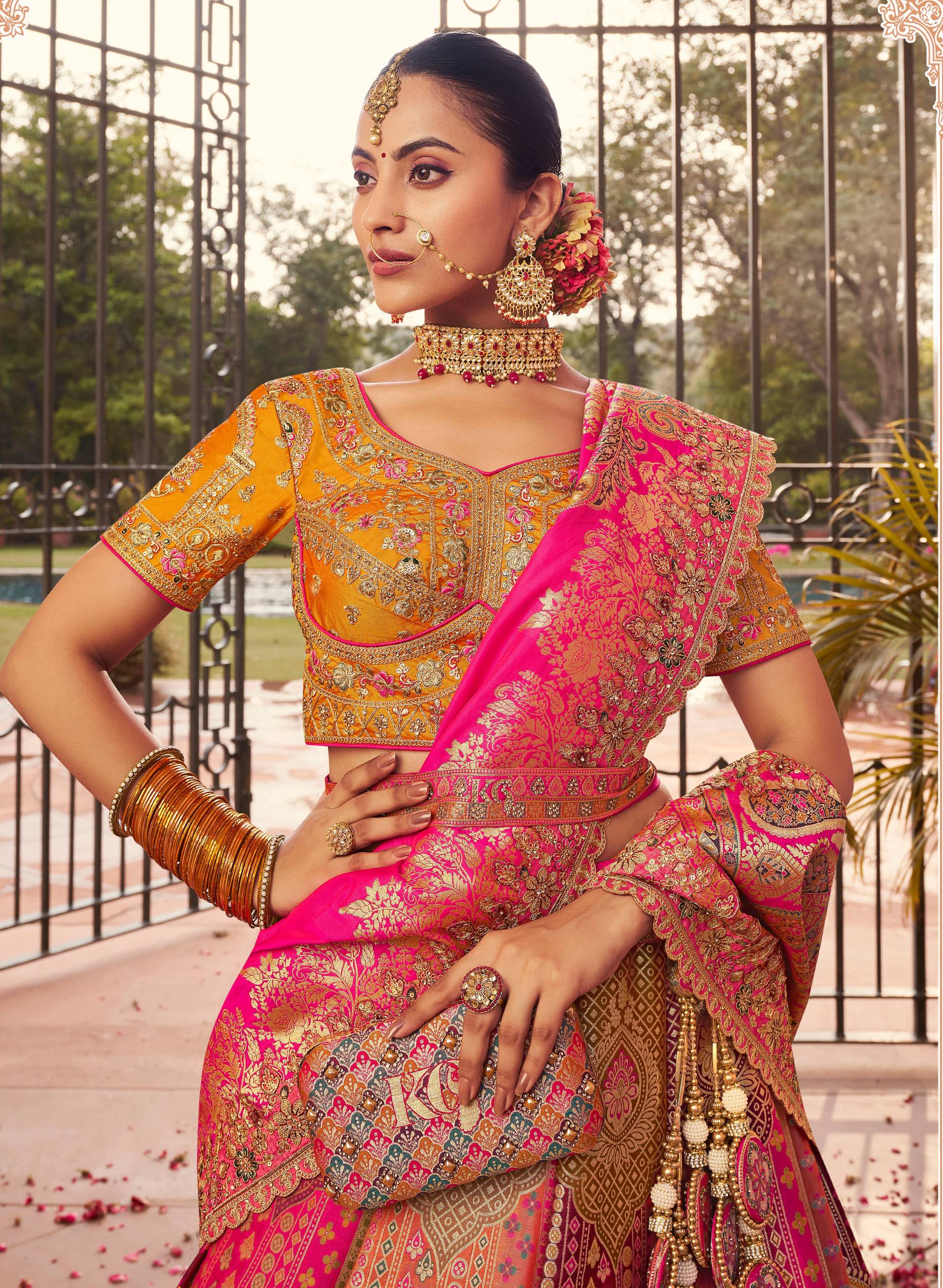 Monjolika Fashion Multi Colour Banarasi Silk Diamond Wedding Trendy Lehenga Choli