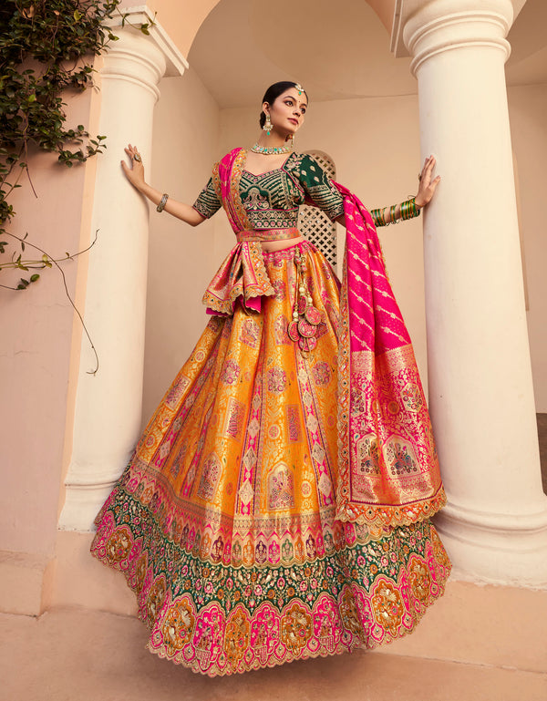 Monjolika Fashion Orange Banarasi Silk Diamond Wedding Trendy Lehenga Choli