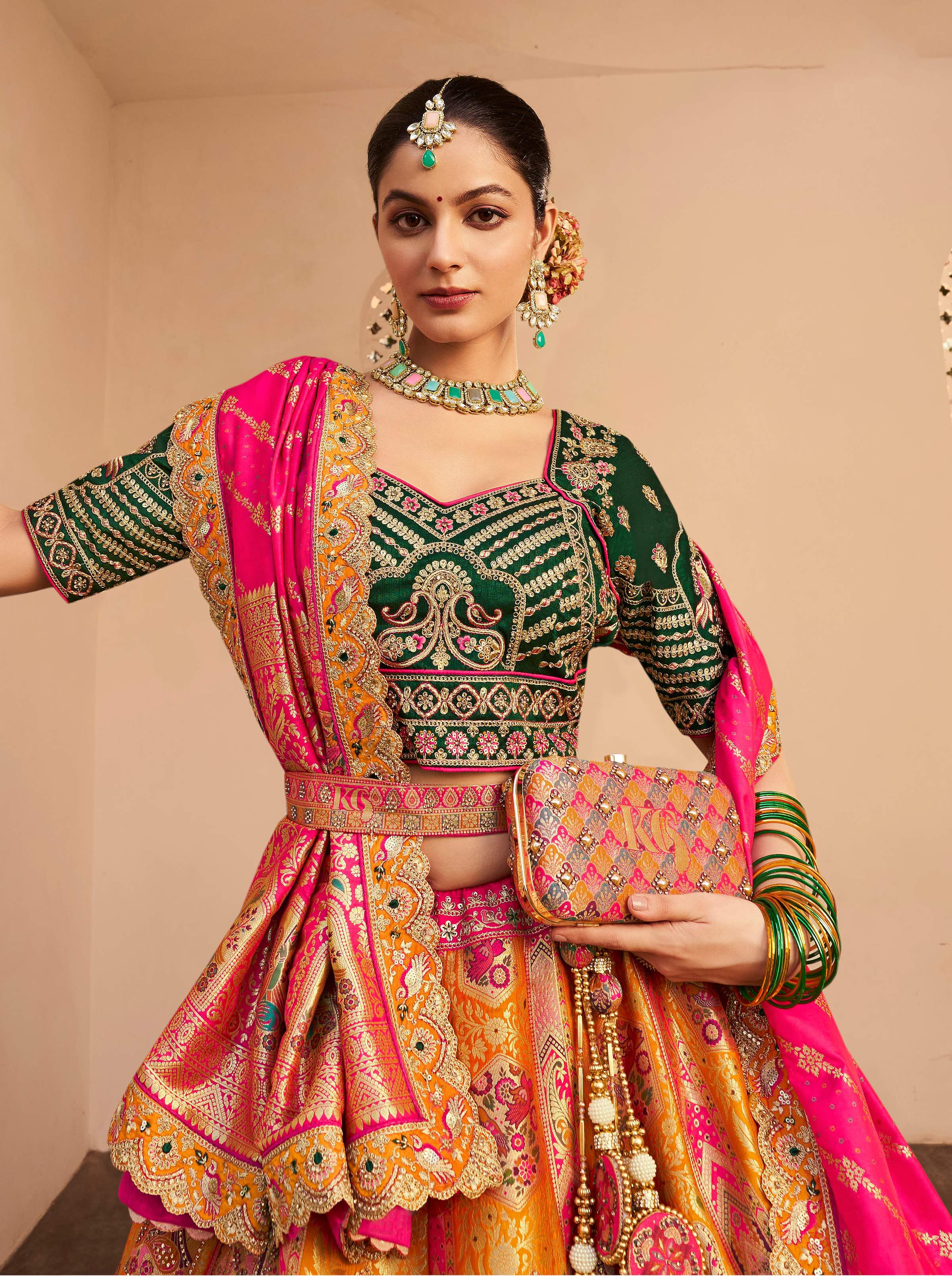 Monjolika Fashion Orange Banarasi Silk Diamond Wedding Trendy Lehenga Choli