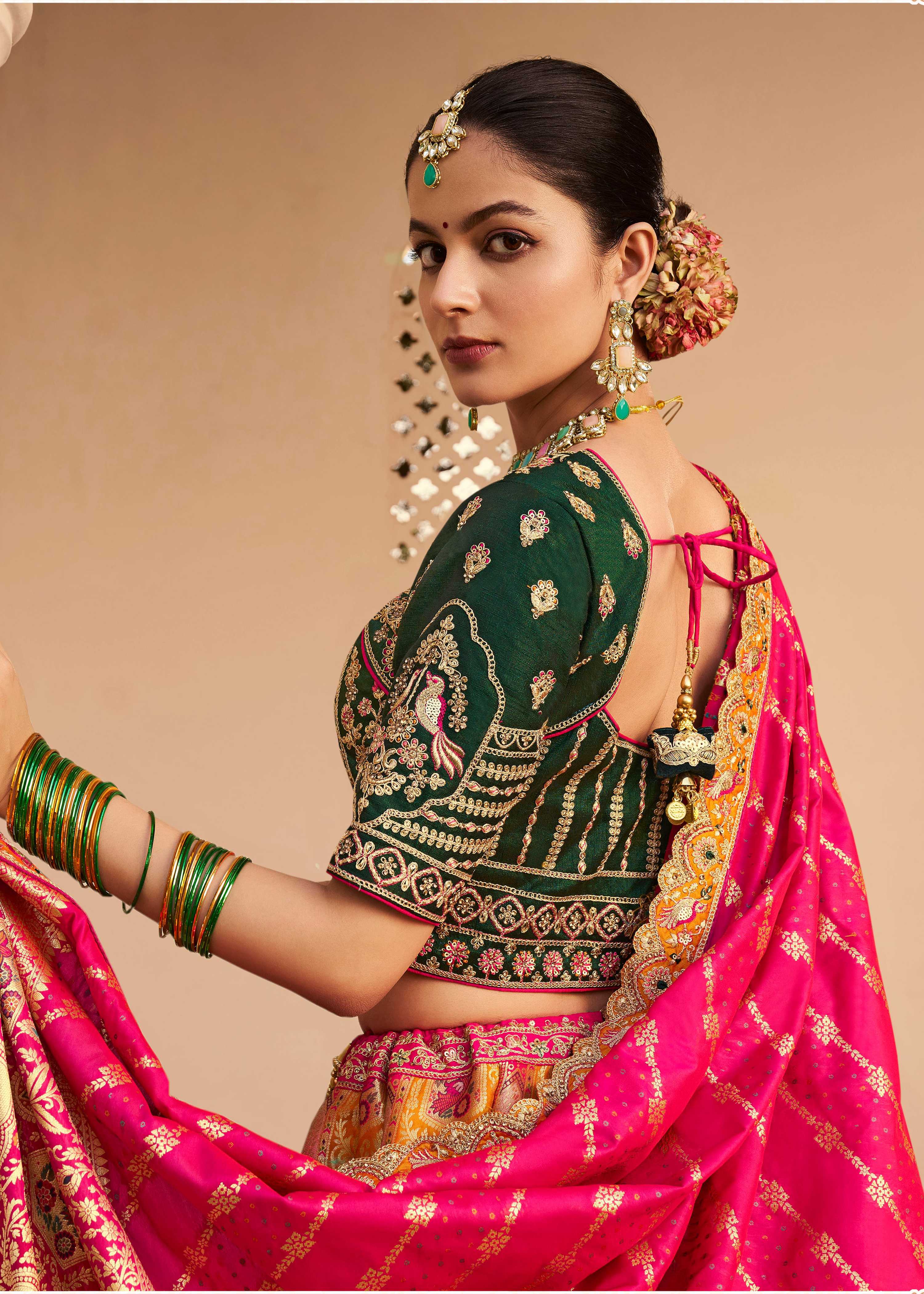 Monjolika Fashion Orange Banarasi Silk Diamond Wedding Trendy Lehenga Choli