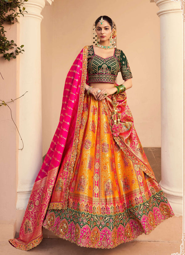 Monjolika Fashion Orange Banarasi Silk Diamond Wedding Trendy Lehenga Choli