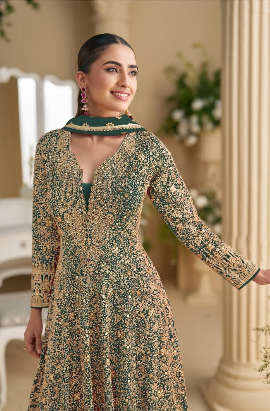 Anaita D Green Georgette Stitched Anarkali Suit with Sequence & Diamond Work - Dista