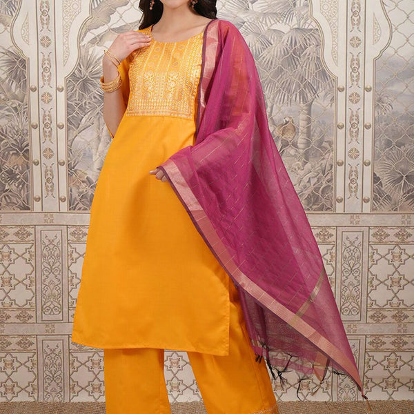 Vishudh Floral Yoke Design Straight Kurta with Palazzos & With Dupatta - Distacart