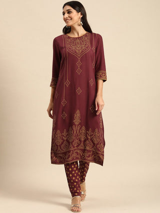 All About You Women Maroon Bandhani Printed Kurta with Trousers - Distacart