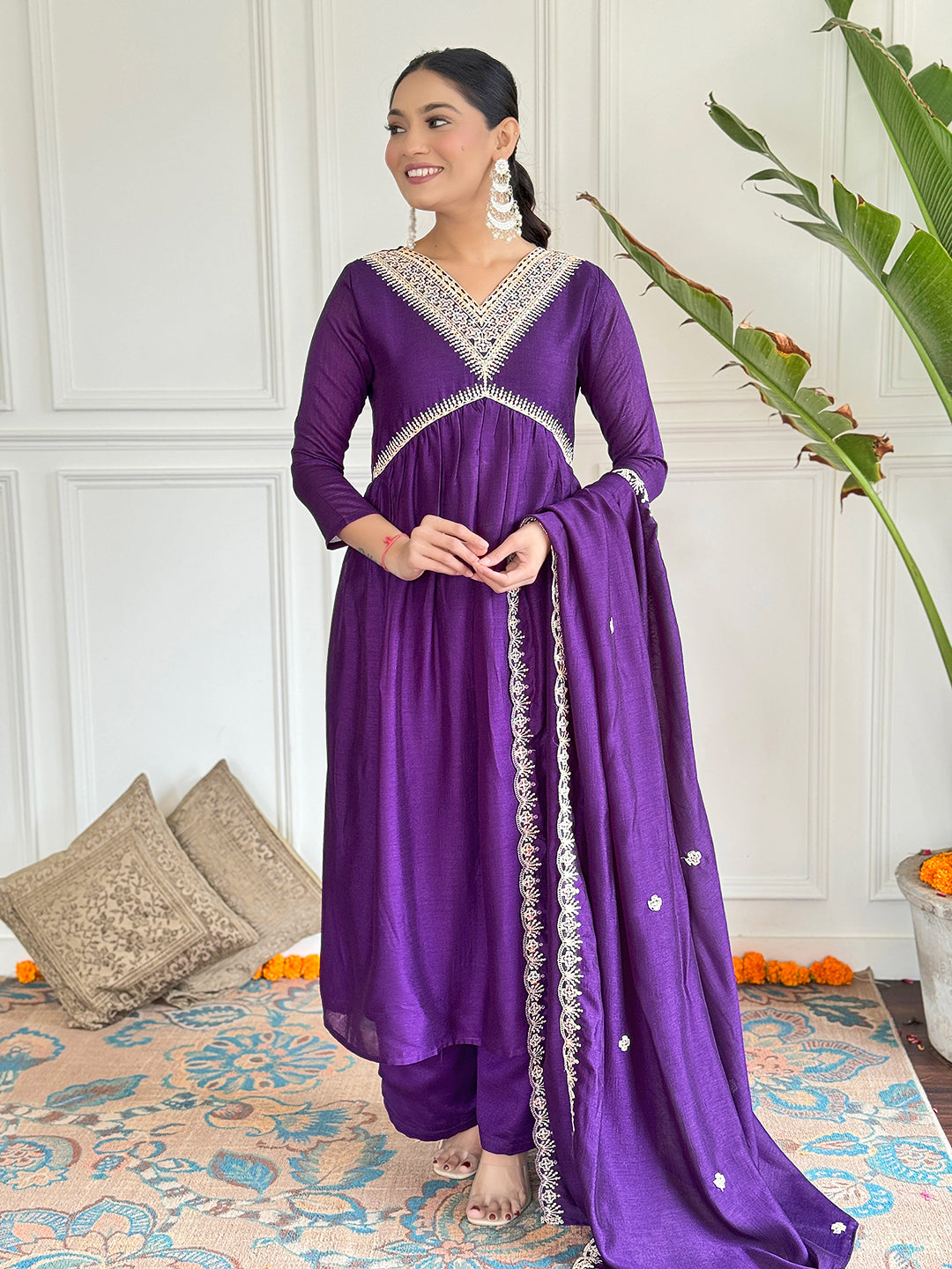 The52 Embroidered Vichitra Silk Fabric Straight Kurta, Pant and Dupatta Set