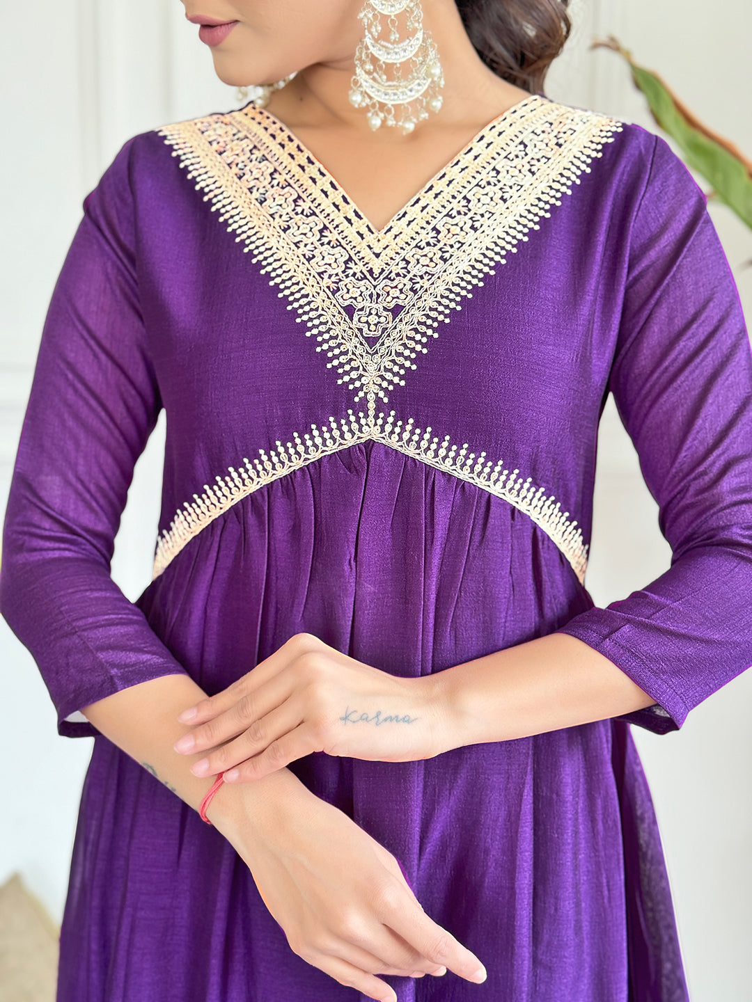 The52 Embroidered Vichitra Silk Fabric Straight Kurta, Pant and Dupatta Set