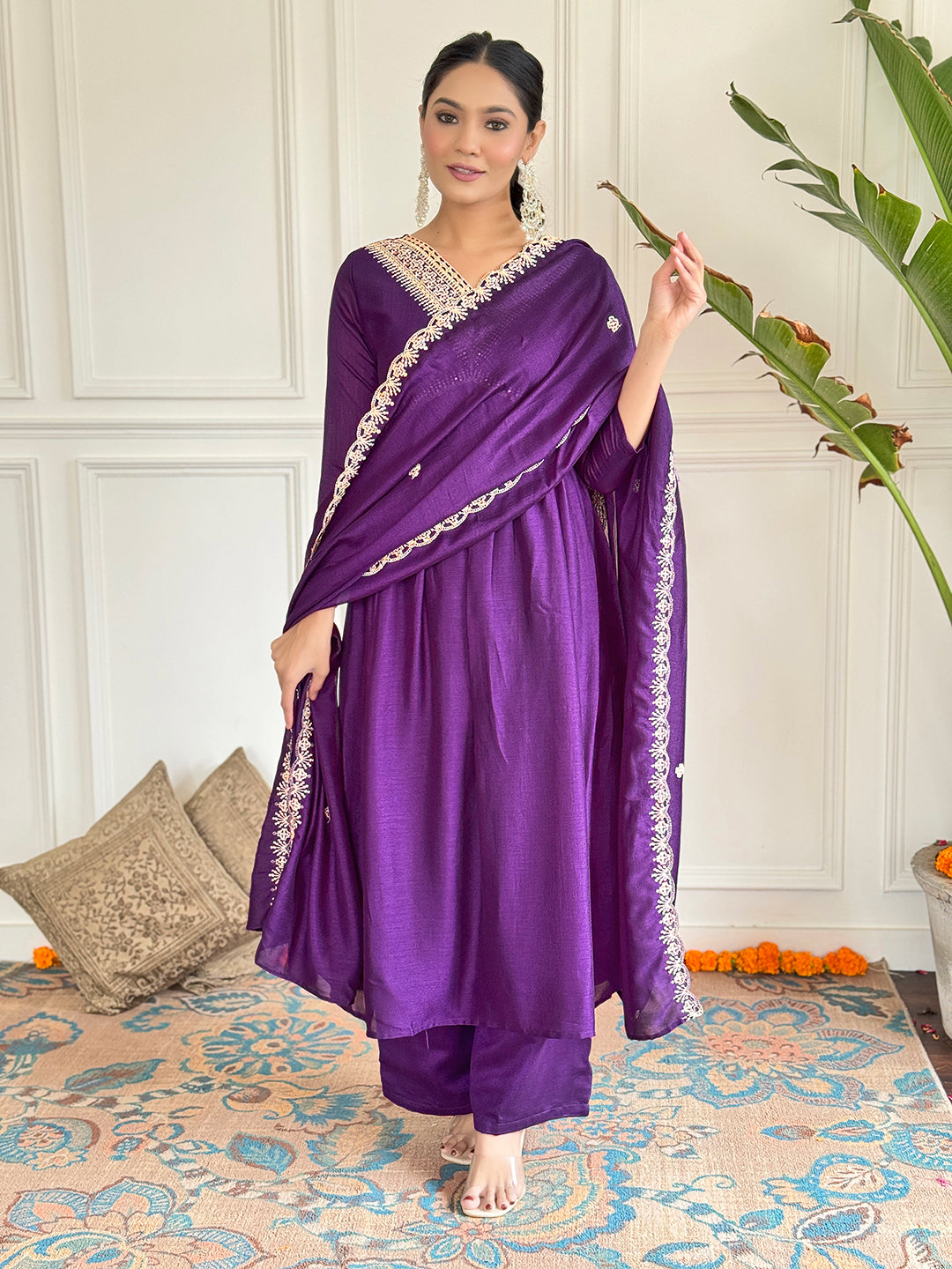 The52 Embroidered Vichitra Silk Fabric Straight Kurta, Pant and Dupatta Set