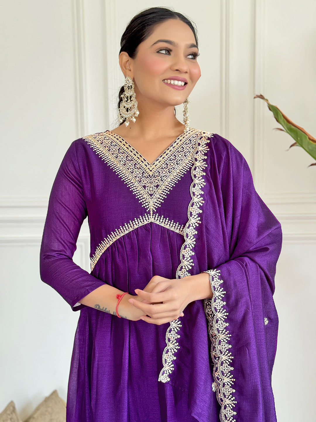 The52 Embroidered Vichitra Silk Fabric Straight Kurta, Pant and Dupatta Set