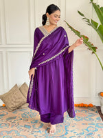 Thumbnail for The52 Embroidered Vichitra Silk Fabric Straight Kurta, Pant and Dupatta Set