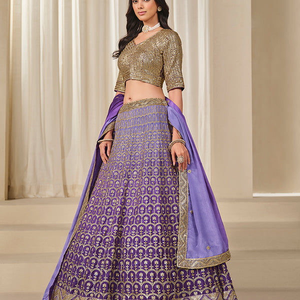 Monjolika Fashion Violet Chinon Silk With Embroidered, Sequins, Thread And Zari Work Lehenga Choli