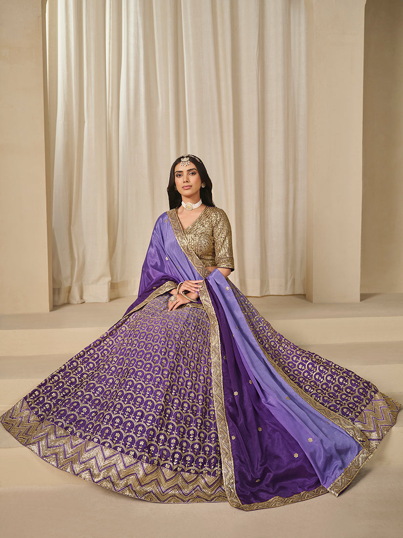 Monjolika Fashion Violet Chinon Silk With Embroidered, Sequins, Thread And Zari Work Lehenga Choli