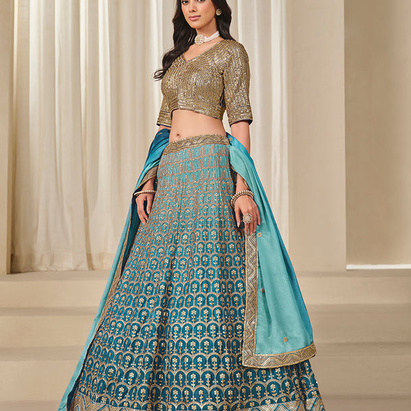 Monjolika Fashion Firozi Chinon Silk With Embroidered, Sequins, Thread And Zari Work Lehenga Choli - Distacart