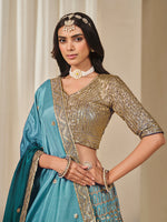 Thumbnail for Monjolika Fashion Firozi Chinon Silk With Embroidered, Sequins, Thread And Zari Work Lehenga Choli - Distacart