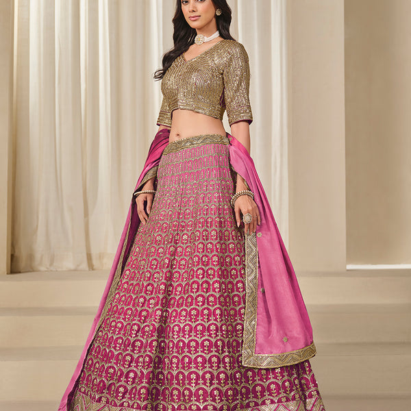 Monjolika Fashion Hot Pink Chinon Silk With Embroidered, Sequins, Thread And Zari Work Lehenga Choli - Distacart