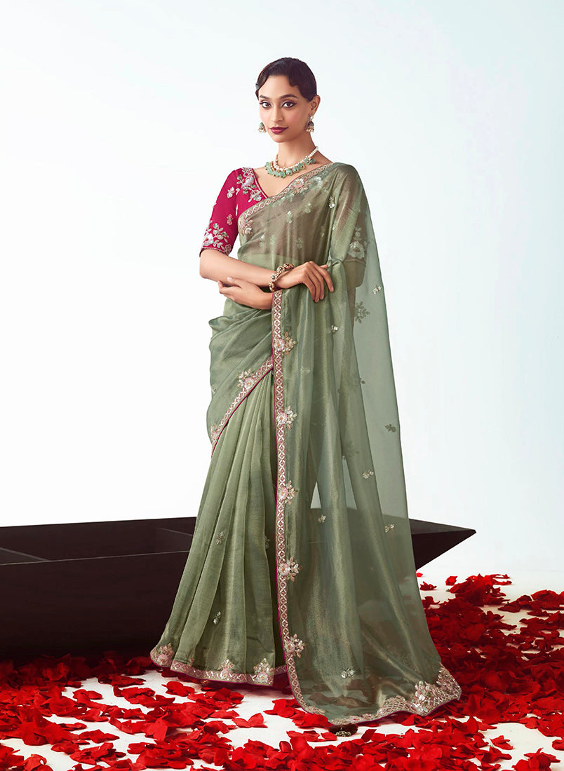 Monjolika Fashion Sage Green Embroidered Cut Work Fancy Fabric Ceremonial Designer Saree