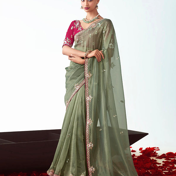 Monjolika Fashion Sage Green Embroidered Cut Work Fancy Fabric Ceremonial Designer Saree - Distacart